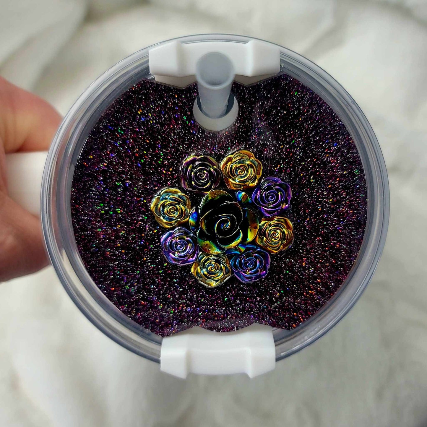 Black Iridescent Roses Lid Cover